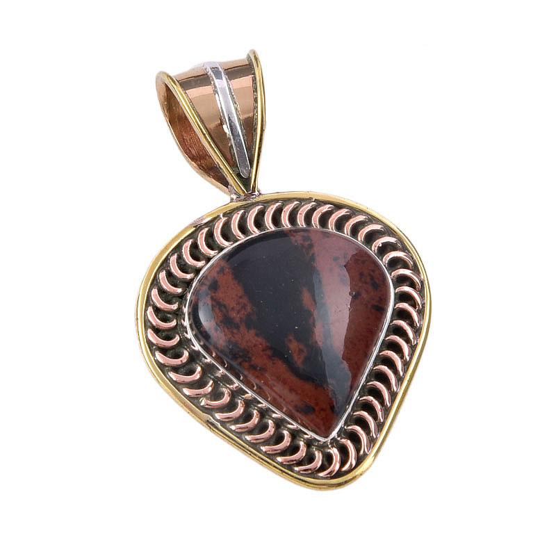 Natural Mahogany Obsidian 925 Sterling Silver Jewelry TwoTone Pendant 1.50" y0b81