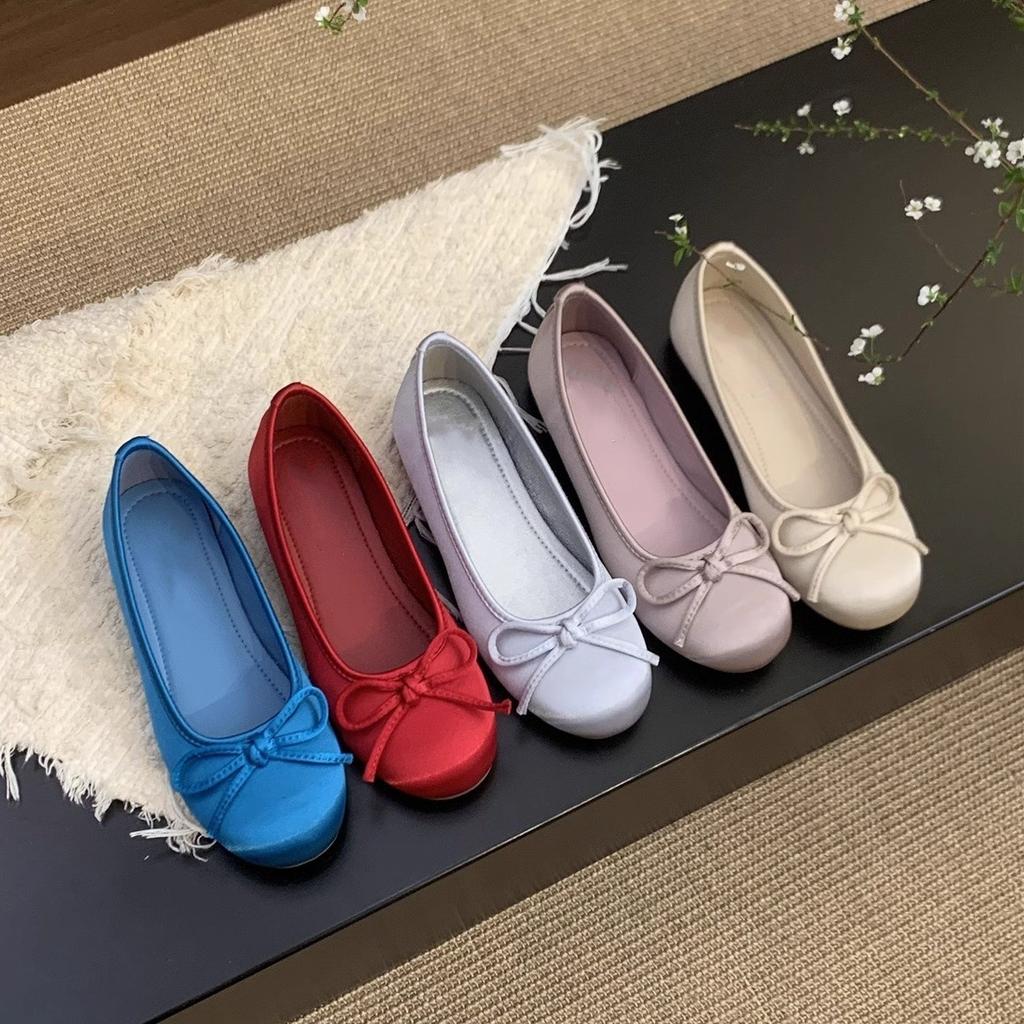 Красные неглубокие одинарные туфли женские весенние новые французские ретро нежные волшебные ветры круглые балетки на плоской подошве шапочки