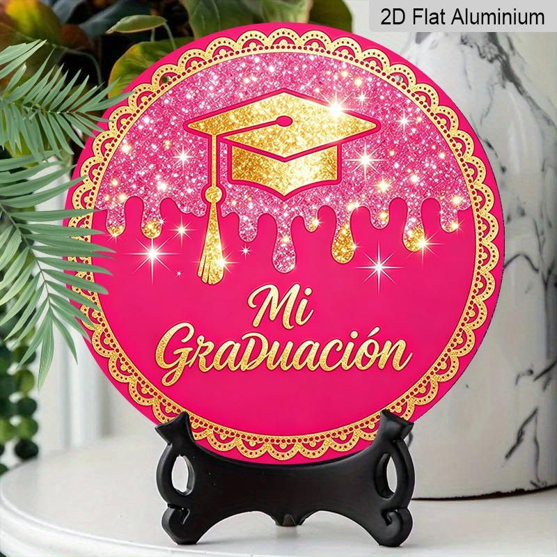 2D Flat Aluminum Graduation-themed Wall Hanging, Available in Multiple Sizes, Featuring A Spanish-style Pink and Gold Glitter Graduation Cap Design