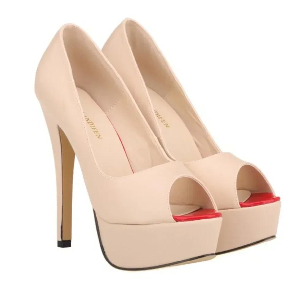 Большие размеры женские сексуальные туфли-лодочки на шпильках модные матовые кожаные туфли на платформе 14 см с открытым носком для вечеринок, ночных клубов, свадебных туфель