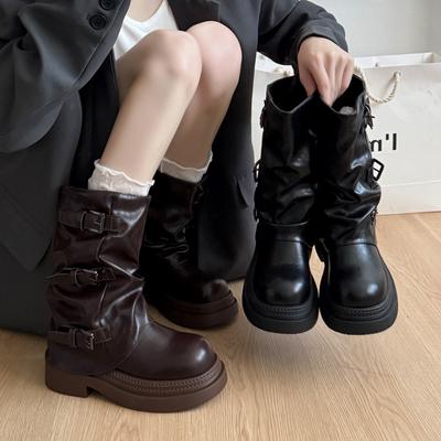 Модные универсальные кожаные ботильоны с плиссировкой и пряжкой, на толстом каблуке, средней высоты, женские, осенне-зимний дизайн, на толстой подошве, ковбойские ботинки в западном стиле, ботинки со сборками