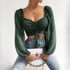 Summer V-neck Chiffon Drawstring Lantern Sleeve Tight Fashion Sexy Shirt Short Top