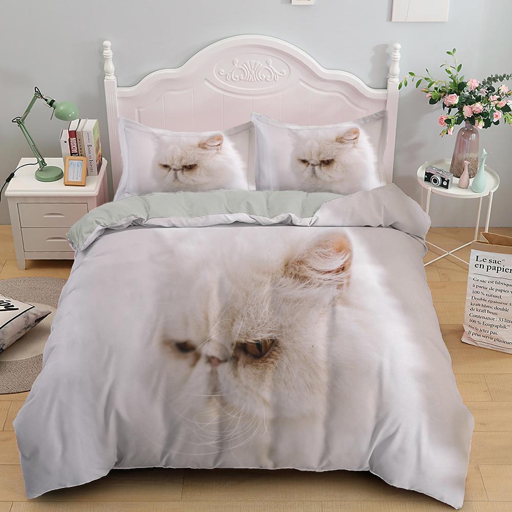 White Cat King Queen Duvet Cover Kawaii Pet Kitty Bedding Set For Kids Teens Adults Family Animal 2/3pcs Polyester Quilt Cover