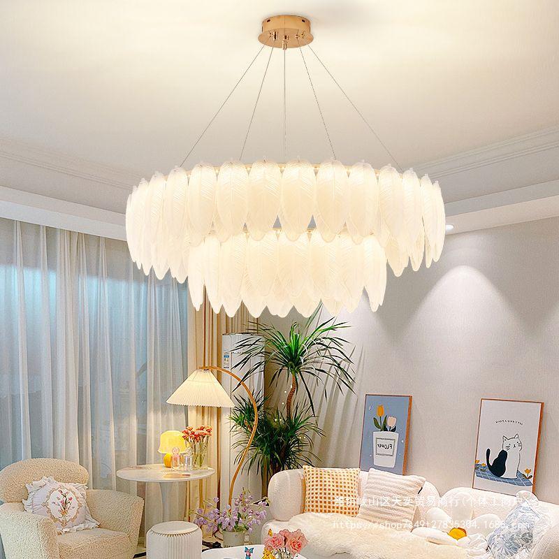 Modern French Cream Feather Pearl Chandelier - Stylish Post-Modern Living Room and Bedroom Lighting