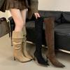 Модные Женские Зимние Складные Тонкие Сапоги до Колена на Высоком Каблуке Женская Обувь на Молнии с Острым Носком Сексуальная Вечеринка Стриптизерша Zapatos De Muje