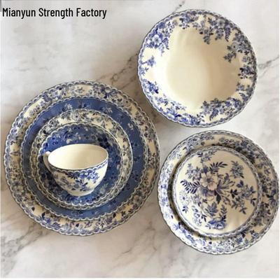 Набор тарелок для стейка и десертных мисок из английского сине-белого подглазурного фарфора