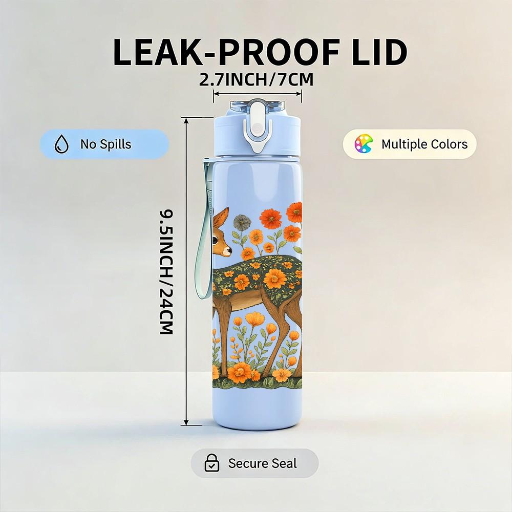 1PC Floral Deer Illustration 750ml Color Plastic Sports Water Bottle Leakproof Flip Straw Lid Suitable for Sports Office Home Use