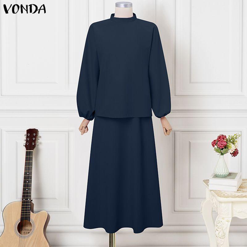 VONDA 2 шт. Женские блузки с длинным рукавом и юбки Повседневные элегантные комплекты из двух предметов