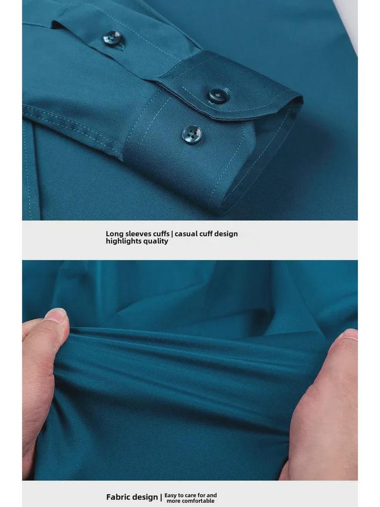 2023 Мужская универсальная эластичная рубашка с длинными рукавами и квадратным воротником, устойчивая к морщинам, в деловом стиле