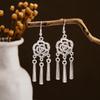 Bohemian Long Leaf Tassel Earrings - Imitation Silver, Miao Ethnic Style