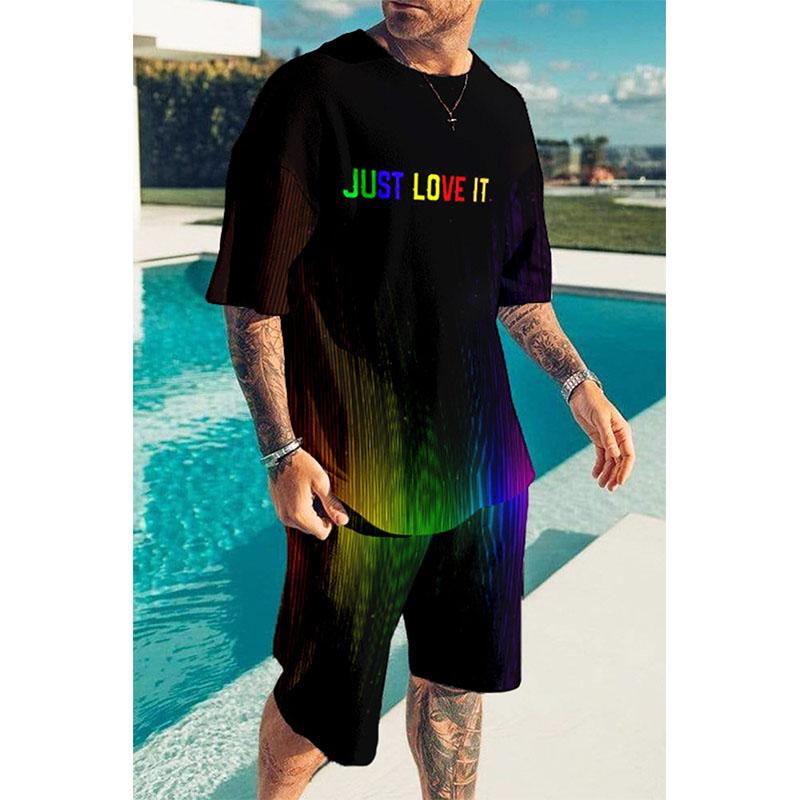 Мужская летняя уличная одежда с принтом радужной лошади и букв 3D, футболка с коротким рукавом и шорты, комплект из 2 предметов, повседневный спортивный костюм, мужская одежда