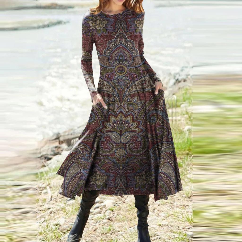 Women's Fashion Casual Printed Round Neck Pullover Slim Fitting Long Sleeve Dress