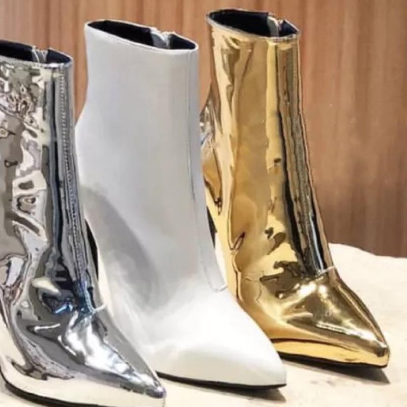 Мода 2024 Дизайнерские Ботильоны Женские Модные Ботильоны На Молнии С Высоким Каблуком Золотые Серебряные Лакированные Кожаные Короткие Ботильоны Обувь Подиумная Обувь