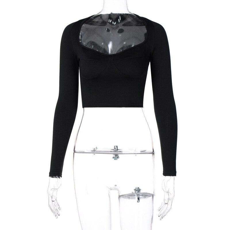 Женский сетчатый топ Y2K, укороченный топ с длинными рукавами и квадратным вырезом, однотонные белые топы с крючками в стиле гранж, сексуальная коричневая футболка, одежда