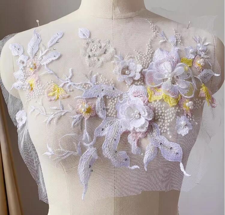 1 Piece Large 3D Lace Applique Trim Patches Pearl Purple Flower For Prom Wedding Dress Accessory Lace Fabric DIY 33*26cm