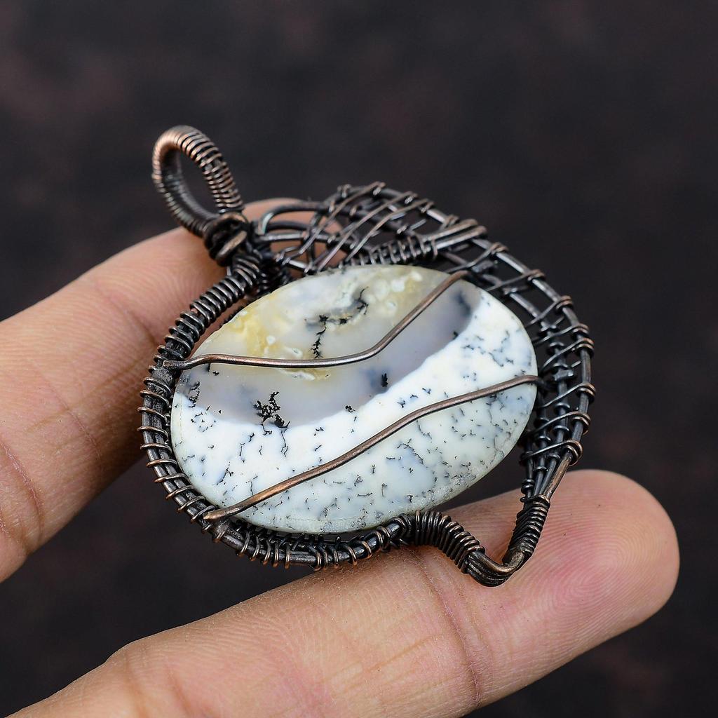 Подвеска из опала дендрита, медная проволочная обертка, драгоценный камень, медная бижутерия, подвеска для женщин, подарок для него, подвеска ручной работы, проволочная обертка, ювелирные изделия