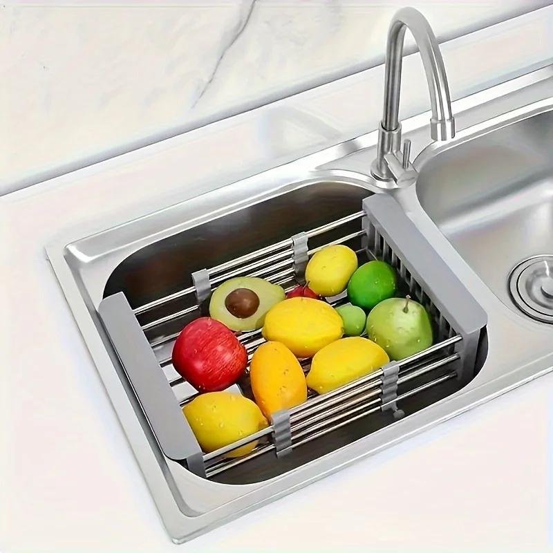 Stainless Steel Expandable Kitchen Sink Drain Basket - Versatile Storage Rack for Home Use, Vegetable and Fruit Drain Rack