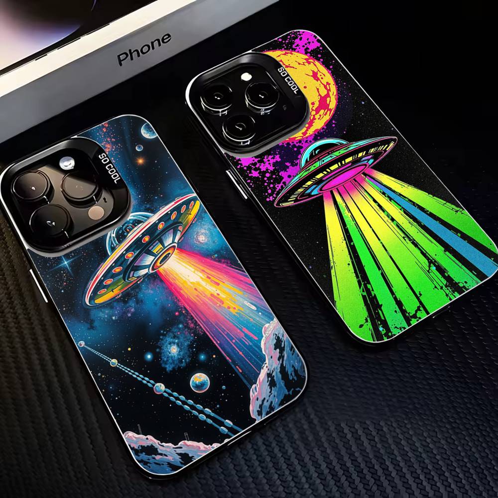Чехол для телефона с рисунком НЛО и пришельца для iPhone 17, 16, 15, 14, 13, 12, 11 Plus, Pro Max, Черный Матовый, Ударопрочный