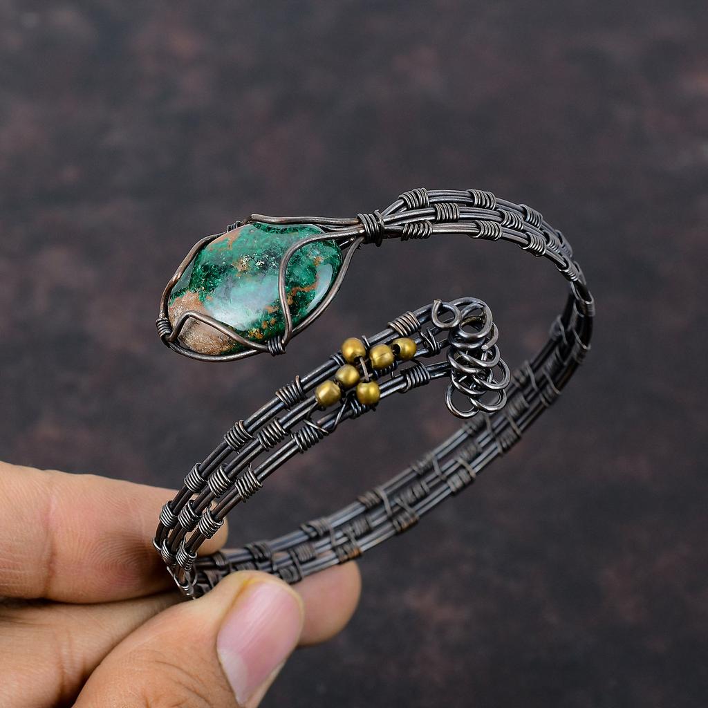 Браслет-манжета из куприта и хризоколлы, обернутый медной проволокой, браслет-манжета с драгоценным камнем, регулируемый браслет-манжета, медные украшения, браслет ручной работы для подарка