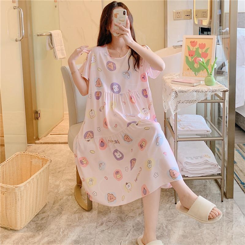 Summer Ladies Cotton Silk Nightgown Female Spring and Autumn Leisure Short-Sleeved Large Size Pajamas Thin Section Homewear