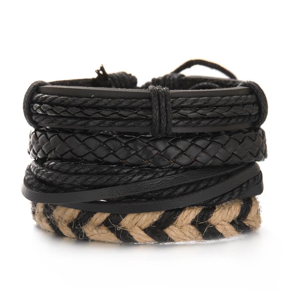 Men's Multi-Layer Bracelet Set with Wooden Beads and Braided Leather