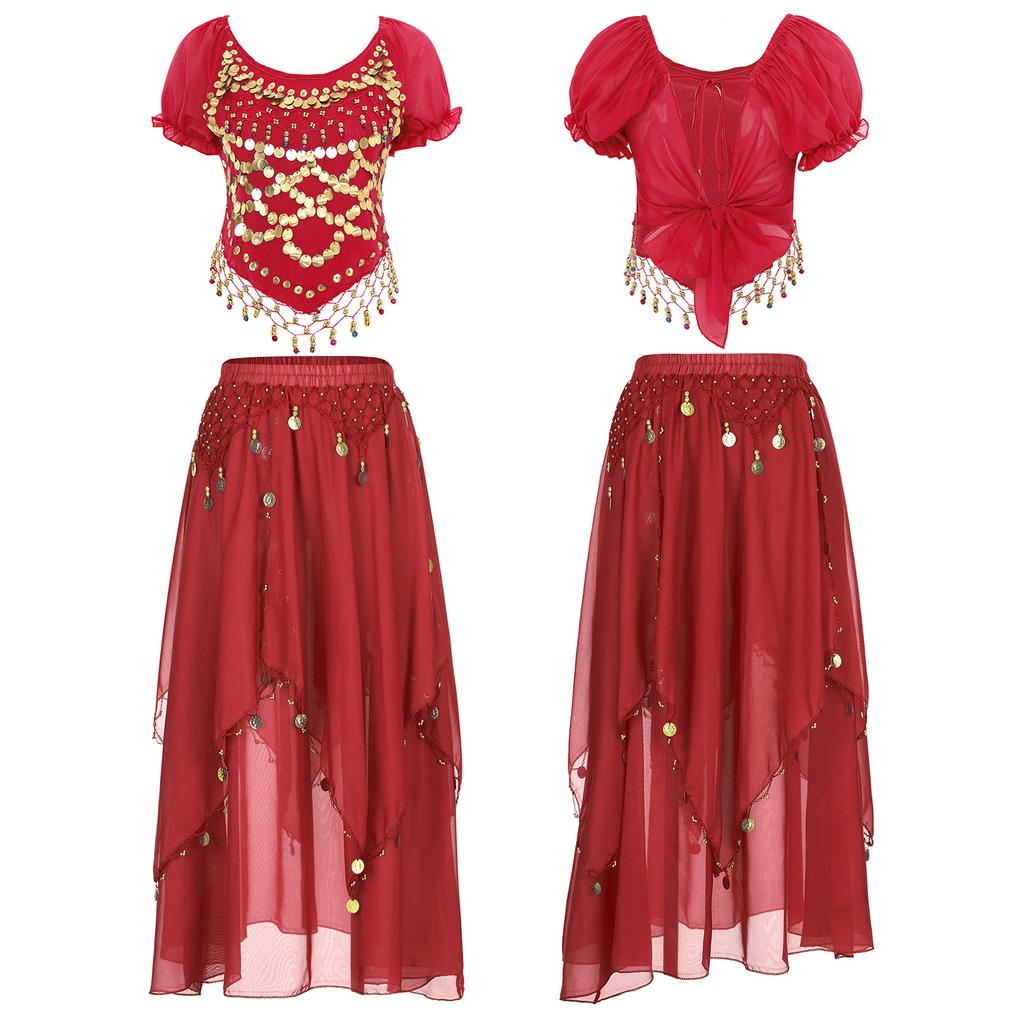 Женский комплект для танца живота с короткими рукавами-фонариками, расшитый пайетками, и юбка с неравномерным многоуровневым краем для сцены Хэллоуина
