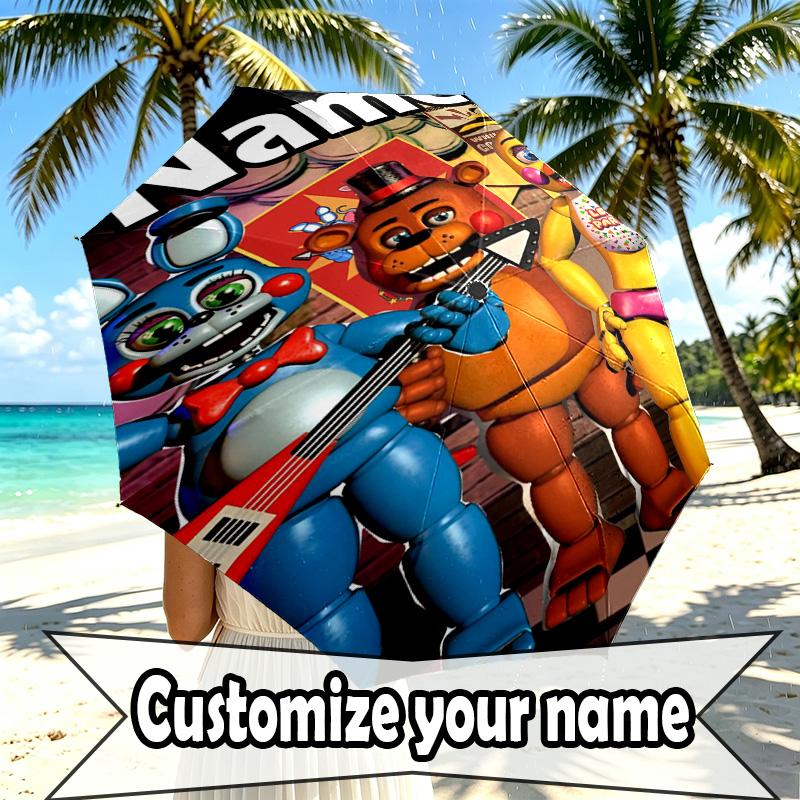 Custom Name Personalized Five Nights at Freddy's Print Umbrella, Auto Open Close, 8‑Rib Sturdy Frame, Commute Camping Hiking Use, Birthday Gift