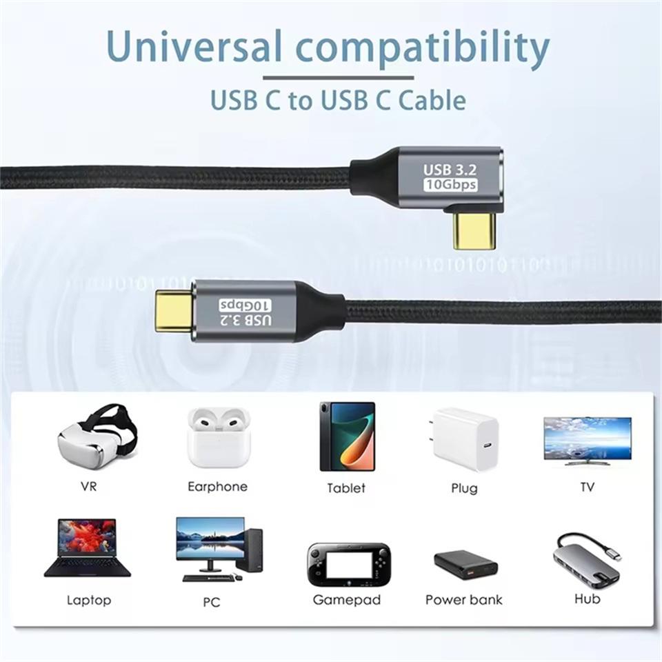 Удлинительный кабель USB C под углом 90 градусов, передача питания 100 Вт, передача данных 10 Гбит/с, USB 3.1 Gen 2, плетеный кабель «папа-мама»
