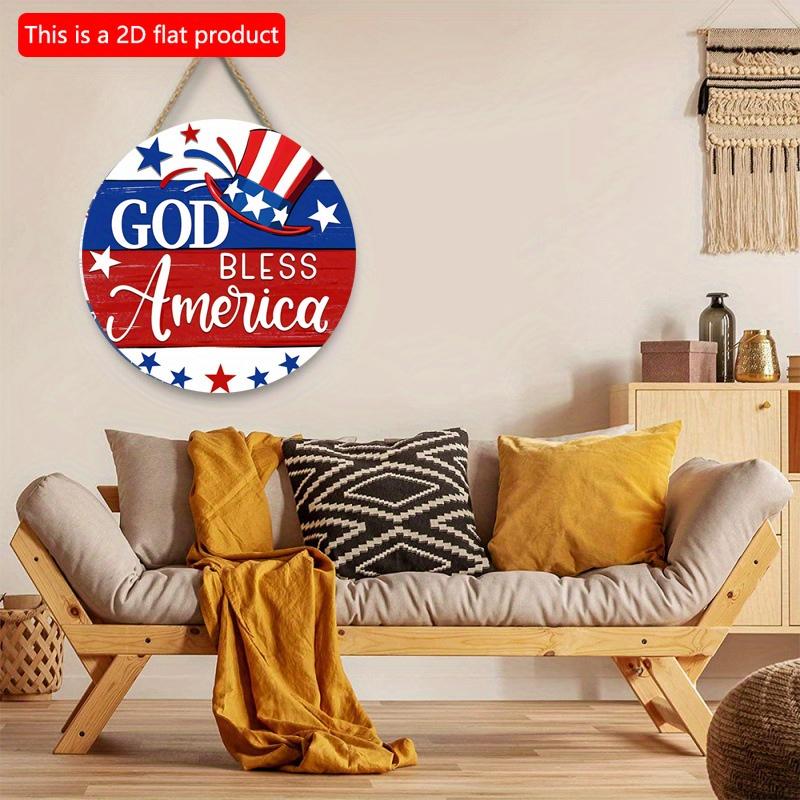 2D Flat 20cm1pc God Bless American Sign USA Flag Cap&Stars Patterns Round Wooden Pendant, Celebrate Independence Day Party Decoration Wood Crafted Art