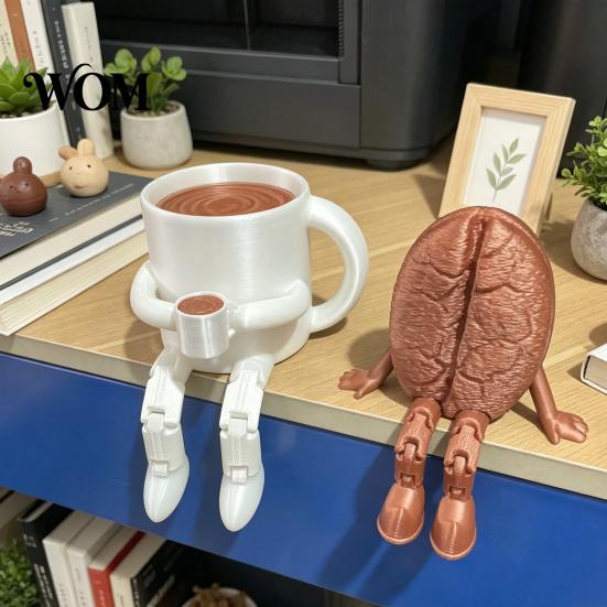 Dual-color Decorative Statue 3D Printed Articulated Coffee Cup Figure, Movable Joint Desk Statue, Cute Fine Texture Print Bean Ornament, Creative