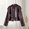 Уличная короткая куртка из кожи бордового цвета с красными карманами и лацканами для женщин, куртка с длинным рукавом, осенняя свободная верхняя одежда для женщин