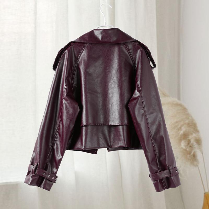 Уличная короткая куртка из кожи бордового цвета с красными карманами и лацканами для женщин, куртка с длинным рукавом, осенняя свободная верхняя одежда для женщин
