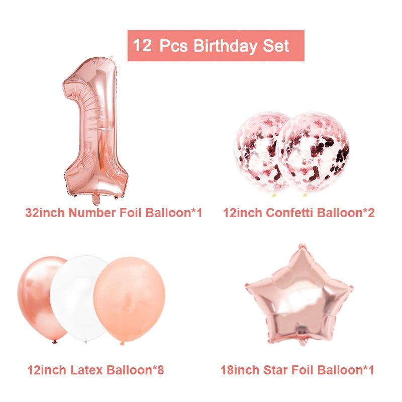 12 шт., номер из фольги, розовое золото, латексные шары, украшение для дня рождения, для детей, для маленьких девочек, 1st, 1, 2, 3, 4, 5, 6, 7, 8, 9, один год