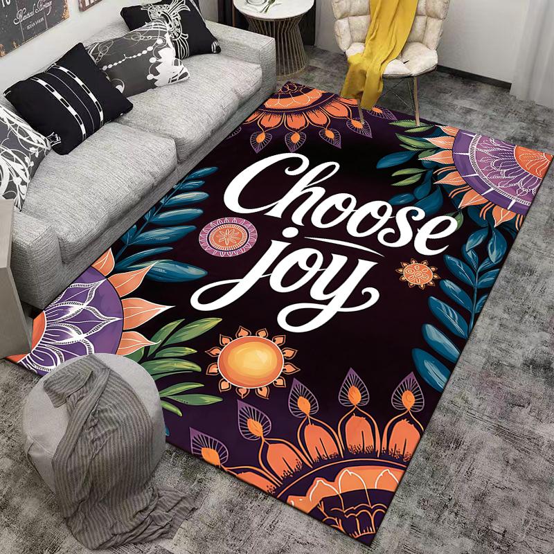 Boho Floral Carpet with "Choose Joy" Text, Sun & Mandala Design Suitable for use as an anti-slip for living room bedroom sofas