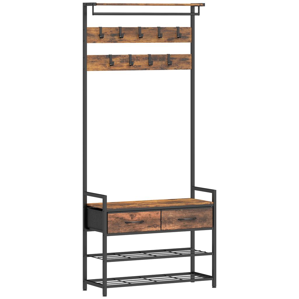 Industrial Coat Rack with Hooks and Shoe Bench, Steel Frame, Rustic Brown