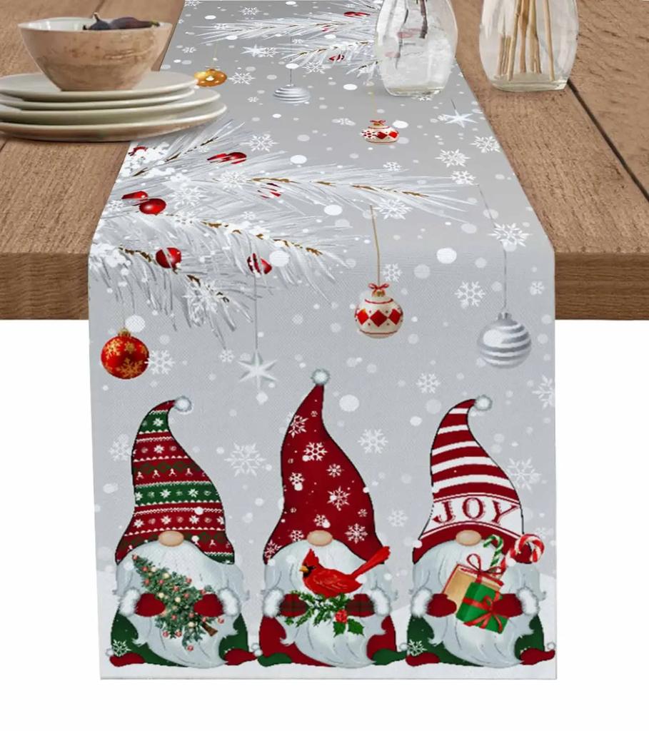 Christmas Silver Fir Leaves Snowflakes Wood Grain Linen Table Runners Kitchen Decoration Table Runner Festival Party Supplies