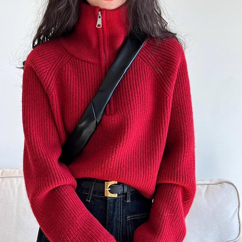 Женский вязаный свитер с полувысоким воротником и застежкой-молнией, осенний, с рукавами-фонариками, винтажные свободные свитера, зимние толстые повседневные однотонные теплые джемперы 25404