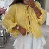 Women's Lace Up Loose Hollow Out Cardigan Autumn Fashion O-neck Puff Sleeve Sweet Solid Sweater