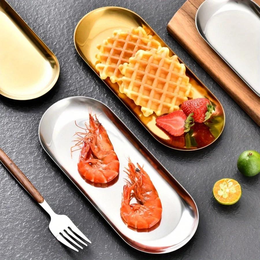 Золотая тарелка Корейская креативная овальная тарелка из нержавеющей стали Тарелка для димсамов Тарелка для димсамов Длинная обеденная тарелка Тарелка для барбекю Обеденная тарелка