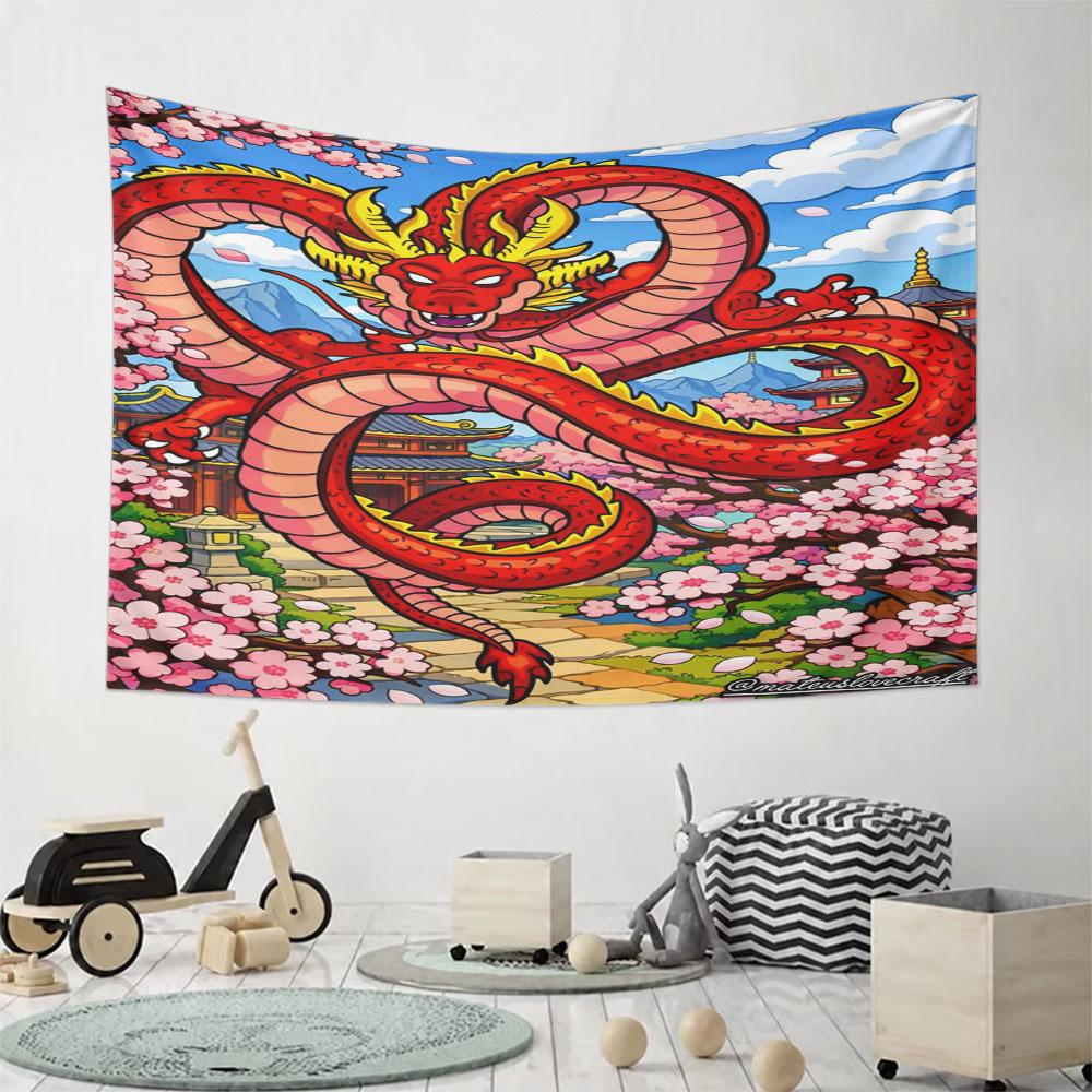 "Red Dragon Among Cherry Blossoms" Pattern Wall Hanging Tapestry Decorative Tapestry Home Decor for Bedroom and Living Room