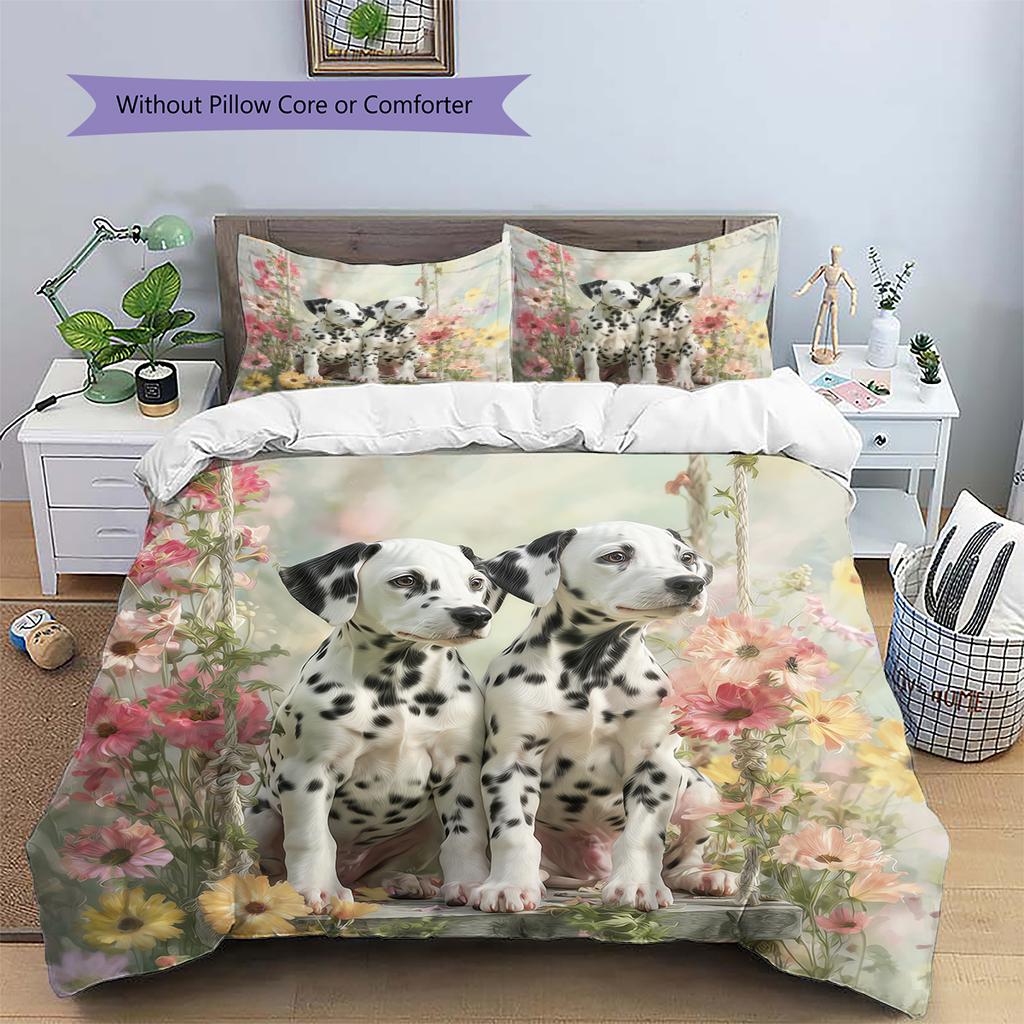 Dalmatian and Flowers Pattern Bedding Home Decoration Birthday Gift (1 * duvet cover + 2 * pillowcase, without core)