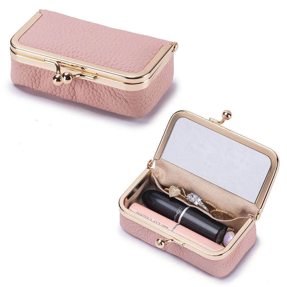 Женская сумочка для помады из натуральной кожи со встроенным зеркалом для макияжа, Портативный мини-органайзер для помады с замком-поцелуем