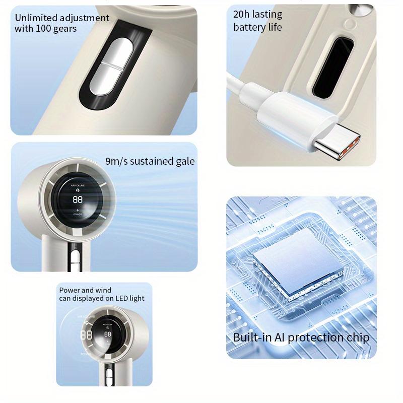 Компактный ручной вентилятор с USB-зарядкой, светодиодным дисплеем и 3 регулируемыми скоростями