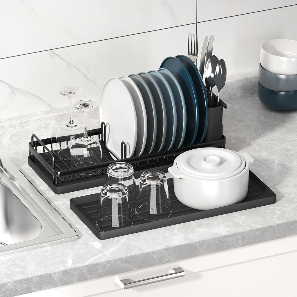 Маленькая сушилка для посуды Компактная сушилка для посуды для раковины с 2-мя силиконовыми ковриками для сушки посуды Кухонный органайзер Держатель для губок