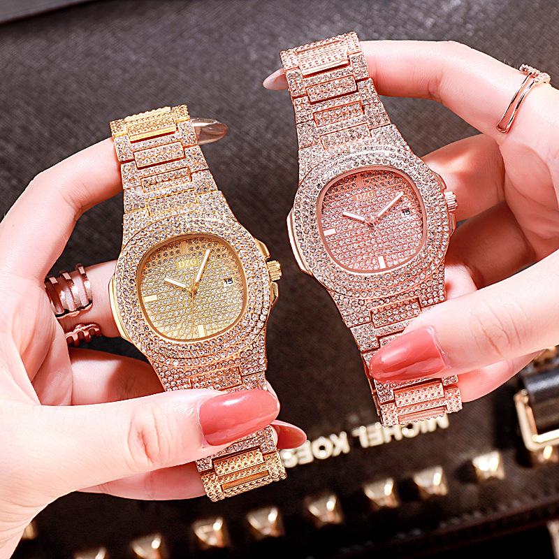Women's Diamond-Studded Gold Fashion Square Watch with Rhinestone Calendar & Steel Band