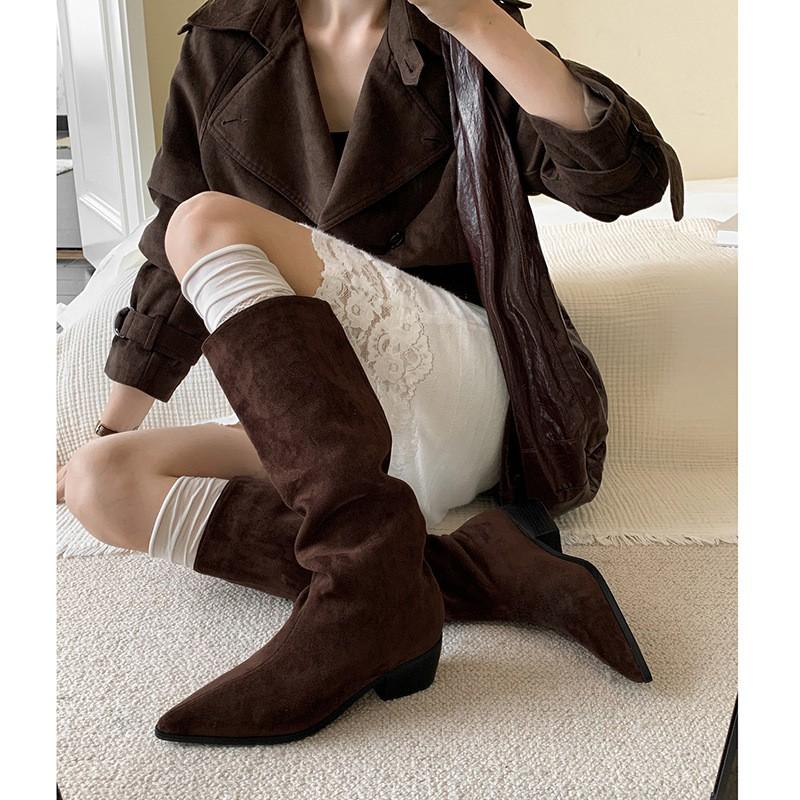 4.5cm British Style Slim Knee High Boots Pointed Toe Chunky Heel Winter Womens Fashion