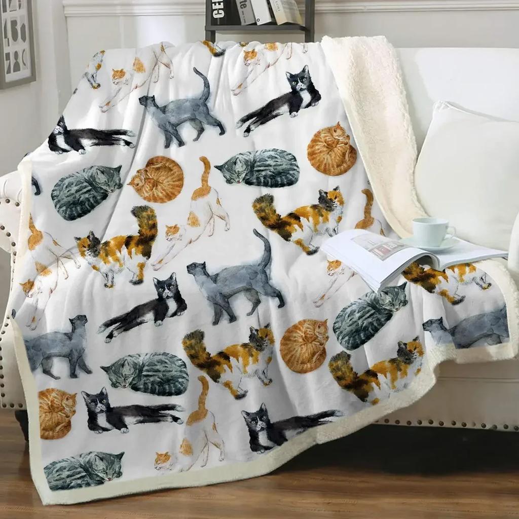 Grey and White Cats Blanket Plush Sherpa Flannel Throw Blanket for Couch Sofa Super Soft Blanket Bedroom TV Throw Blanket Full