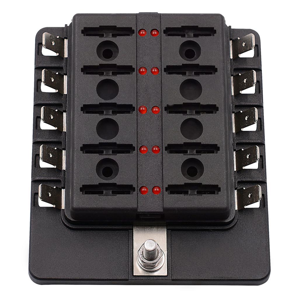 PC Terminal Block Type, 1 In 10 Out Fuse Boxes for Cars, RVs, and Ships, with LED Lights, 12-32V