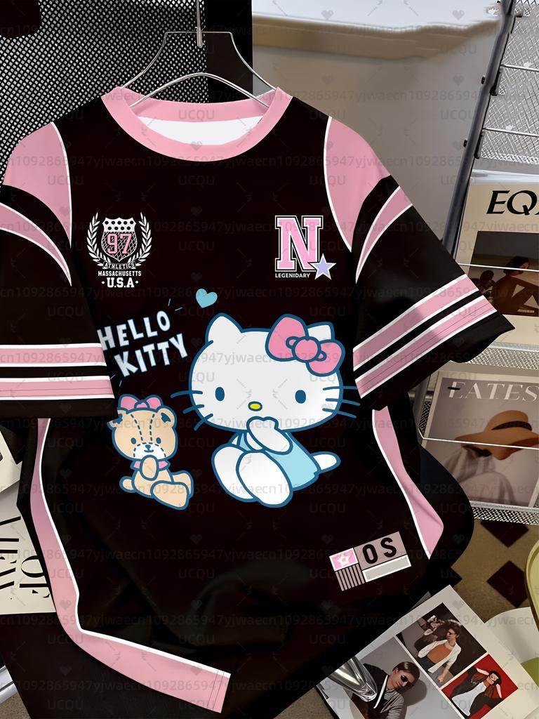 Летняя женская повседневная футболка с 3D-принтом Hello Kitty, милая футболка для активного отдыха, футболка с круглым вырезом