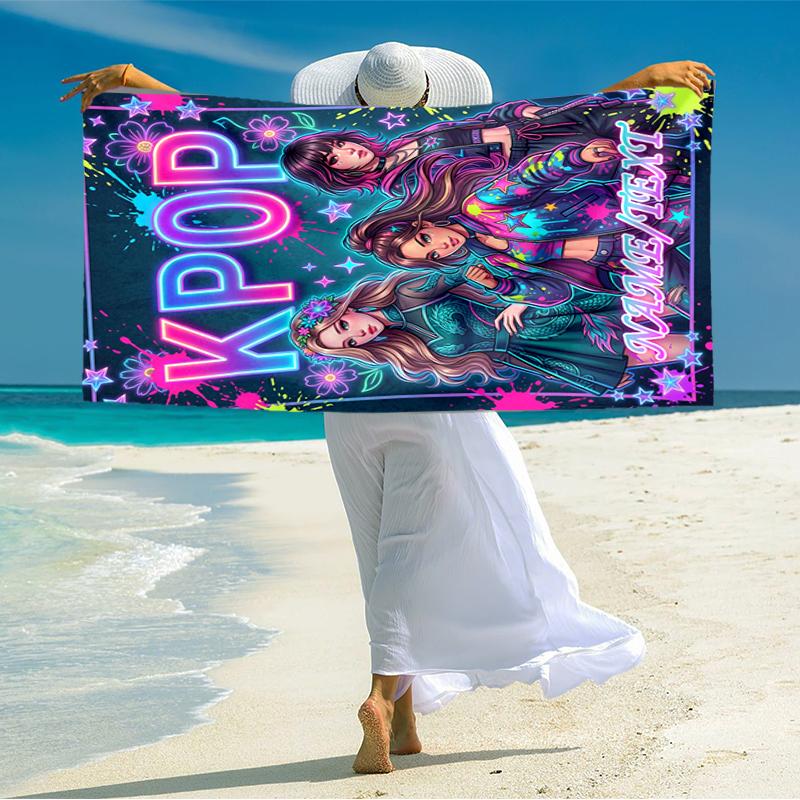 1PC Custom Name KPOP Neon Fashion Beach Towel Highly Absorbent And Sand-Resistant Towel for Swimming, Pool, Yoga, And Travel Lightweight